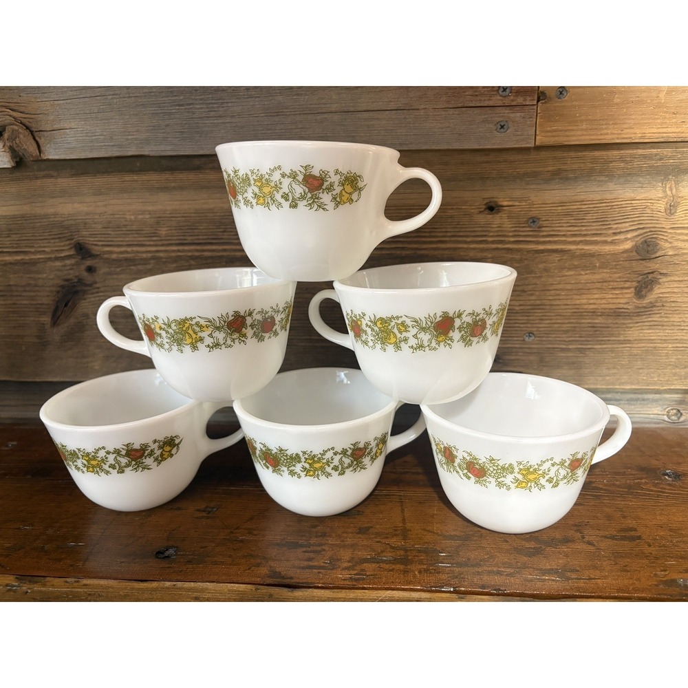 Vintage Set of 6 Corning Ware Spice of Life Milk Glass Mugs Coffee Tea Cups 6 Oz